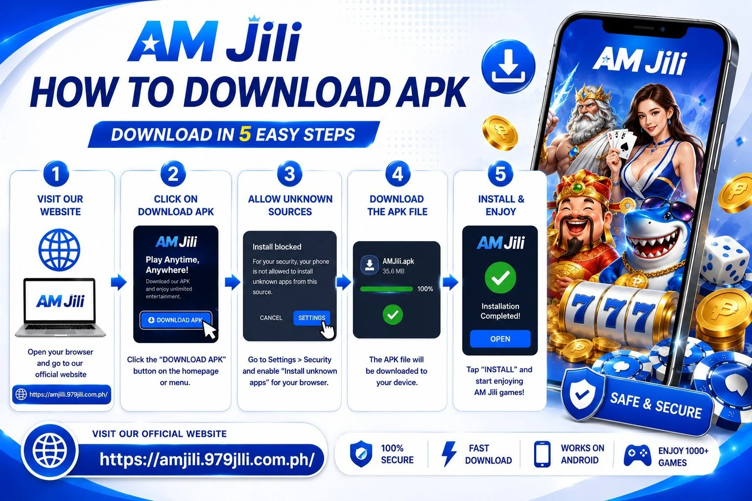 AM Jili app installation steps shown on an Android smartphone