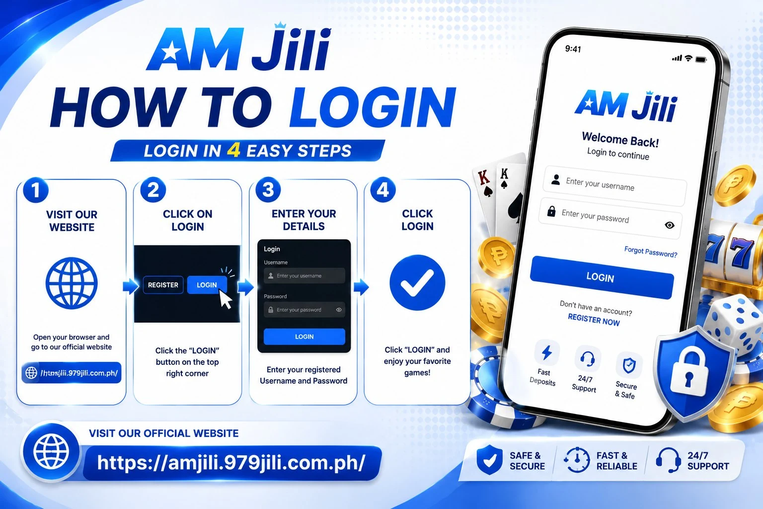 AM Jili login screen on a smartphone showing secure sign-in