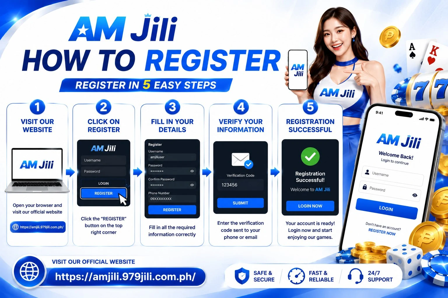 AM Jili registration form shown on a smartphone with OTP verification